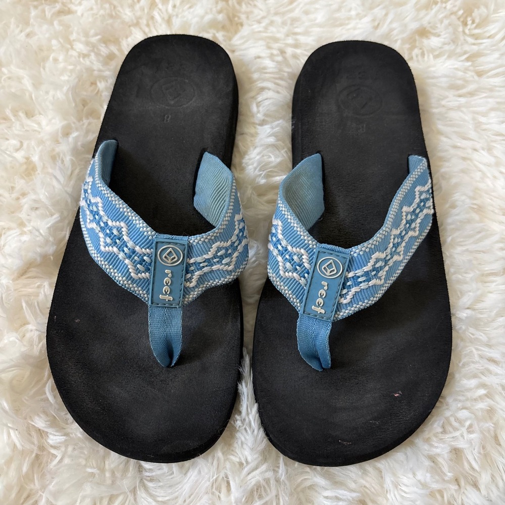 Reef Sandy Flip Flops Womens 8 Blue White Woven Strap Thong Sandals Beach Casual